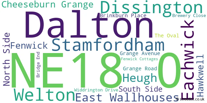A word cloud for the NE18 0 postcode